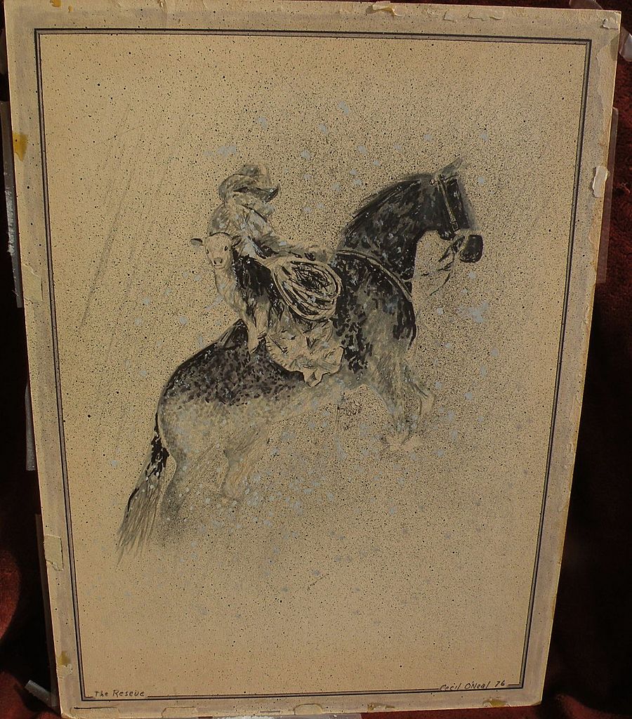 Original western American art signed dated drawing of cowboy, horse and lassoed calf Original western American art signed dated drawing of cowboy, horse and lassoed calf