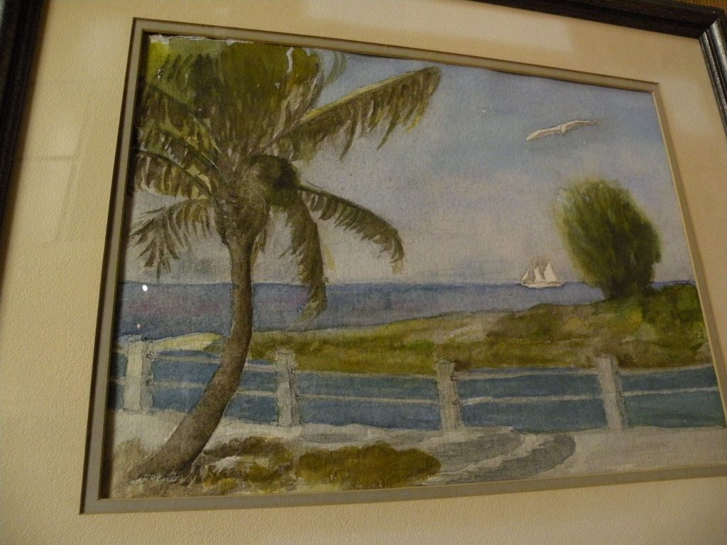 Vintage tropical art watercolor painting palms and boats in Bimini Bahamas Vintage tropical art watercolor painting palms and boats in Bimini Bahamas