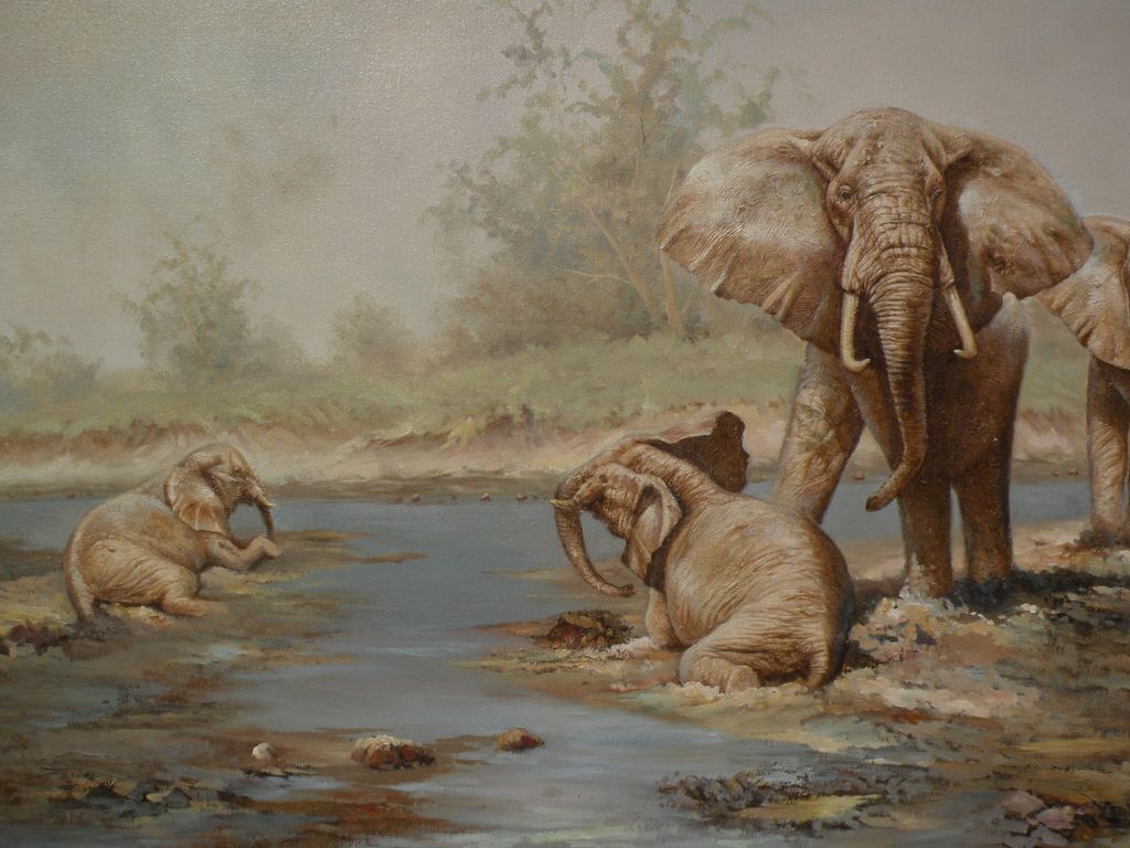 Sporting and wildlife art beautifully executed painting of elephants in the bush by artist Don Erdman Sporting and wildlife art beautifully executed painting of elephants in the bush by artist Don Erdman