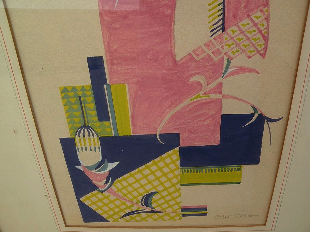 Mid century modern design semi-abstract gouache drawing circa 1950's signed Gilmore Mid century modern design semi-abstract gouache drawing circa 1950's signed Gilmore