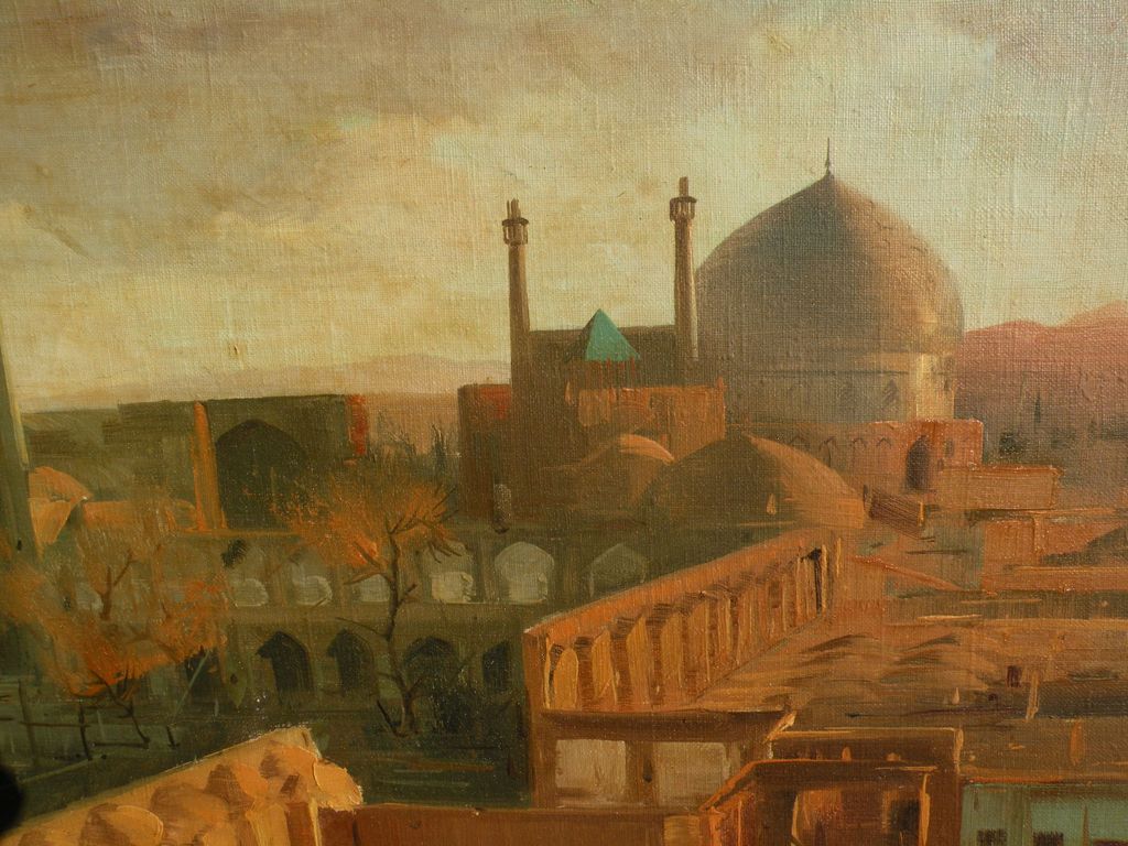 Elegant signed luminous painting of Masjid-e-shah mosque in Isfahan Iran dated 1966 Elegant signed luminous painting of Masjid-e-shah mosque in Isfahan Iran dated 1966