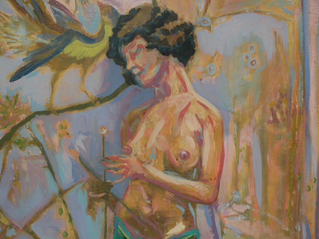 Contemporary American art interesting impressionist oil painting of a nude in a tropical or garden setting signed and dated Contemporary American art interesting impressionist oil painting of a nude in a tropical or garden setting signed and dated