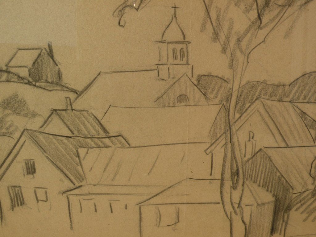 DAISY MARGUERITE HUGHES (1882-1968) charcoal sketch of houses and church in a landscape DAISY MARGUERITE HUGHES (1882-1968) charcoal sketch of houses and church in a landscape