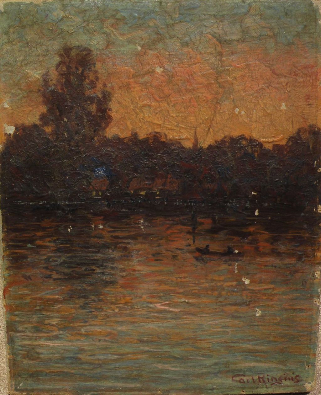 CARL RINGIUS (1879-1950) American impressionist art painting of sunset over coastal village CARL RINGIUS (1879-1950) American impressionist art painting of sunset over coastal village