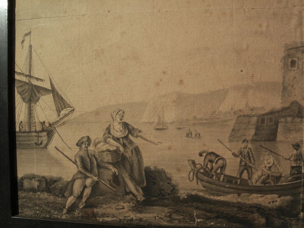 Antique signed circa 18th century ink old master style drawing of coastal harbor with ships, a town, and figures Antique signed circa 18th century ink old master style drawing of coastal harbor with ships, a town, and figures