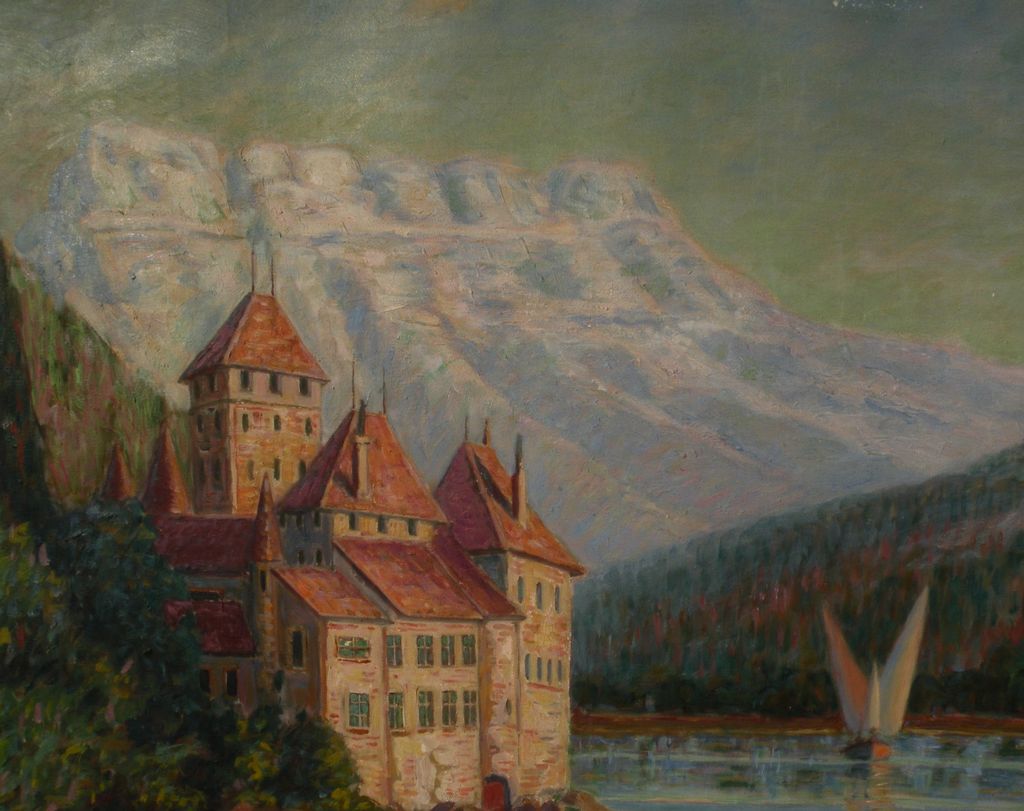 VICTOR H. NICKOL (1884-1956) large impressionist painting of Chateau de Chillon and Lake Geneva in Switzerland by noted California artist VICTOR H. NICKOL (1884-1956) large impressionist painting of Chateau de Chillon and Lake Geneva in Switzerland by noted California artist