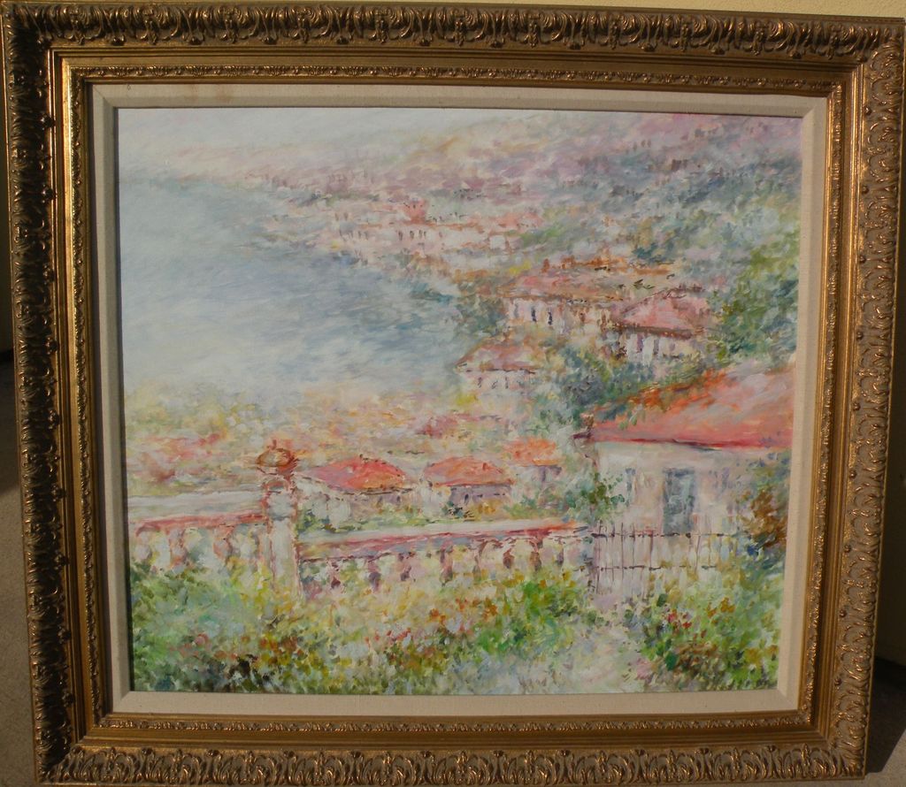 Contemporary large impressionist painting of a Mediterranean coastal town Contemporary large impressionist painting of a Mediterranean coastal town