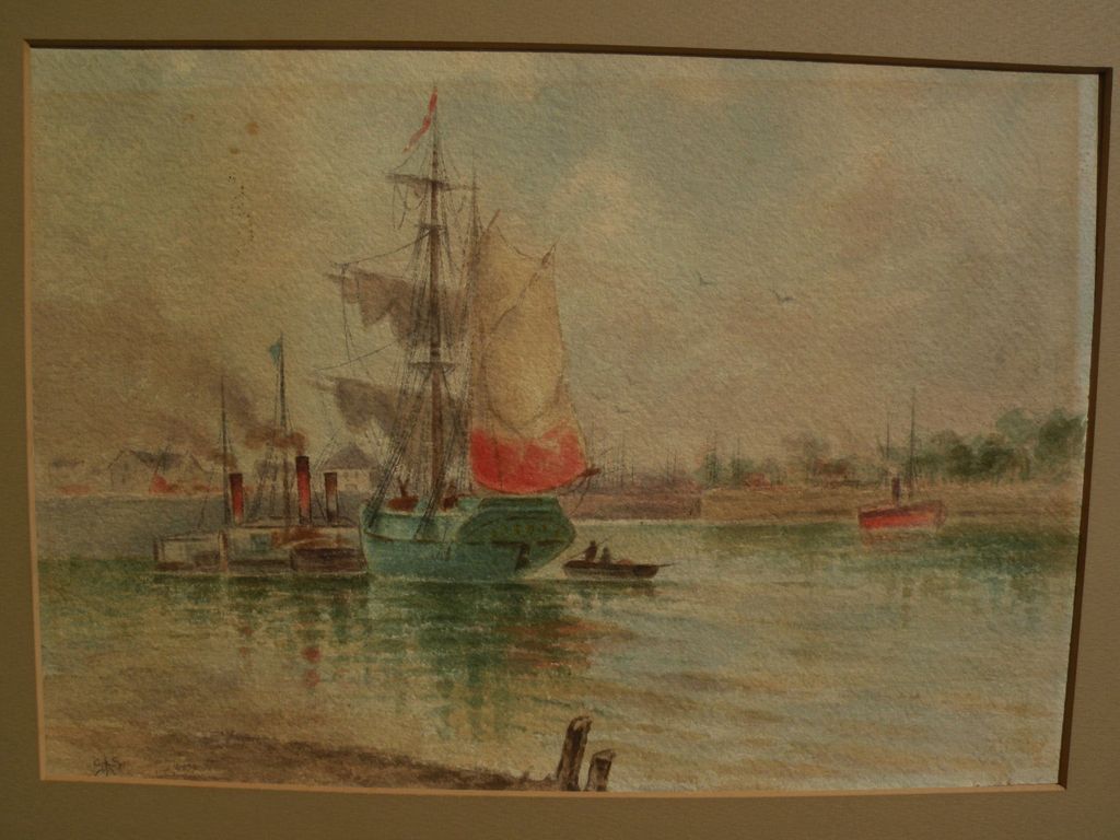 Antique late 19th century watercolor painting of sail and steam ships in a harbor Antique late 19th century watercolor painting of sail and steam ships in a harbor
