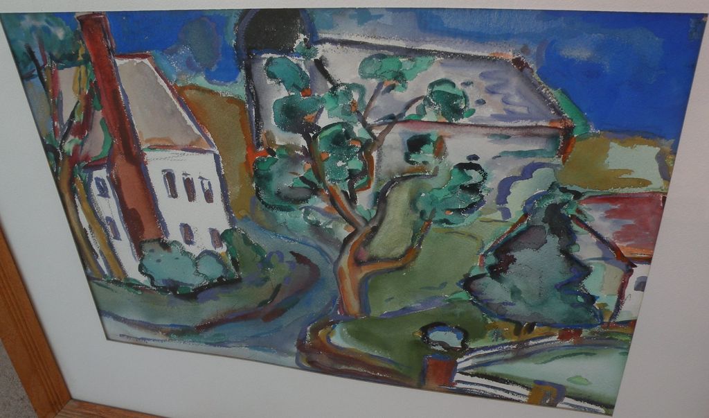 Fine watercolor landscape painting of houses and trees Fine watercolor landscape painting of houses and trees
