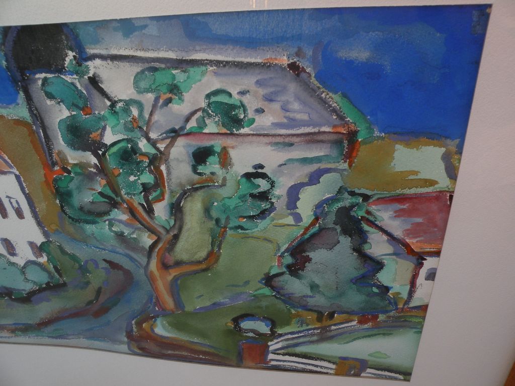 Fine watercolor landscape painting of houses and trees Fine watercolor landscape painting of houses and trees