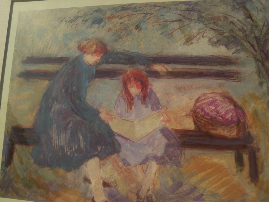 BARBARA A. WOOD (20th century California) pencil signed print of mother and child on a park bench BARBARA A. WOOD (20th century California) pencil signed print of mother and child on a park bench