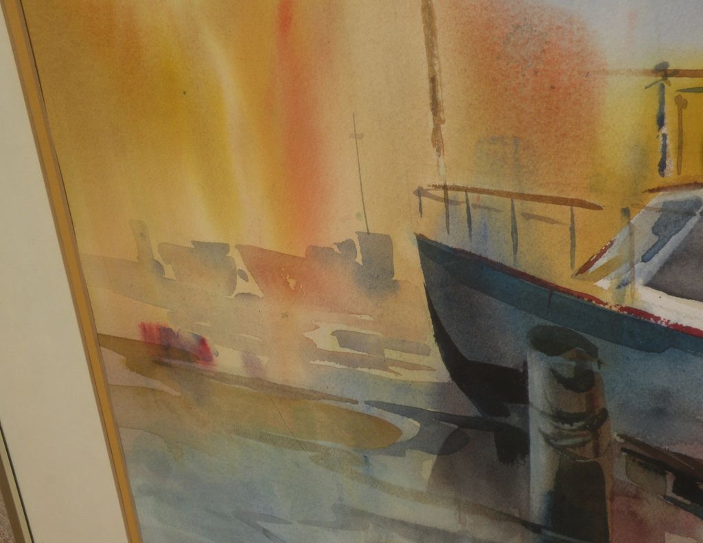 California art artist signed watercolor impressionist painting of boat at dock California art artist signed watercolor impressionist painting of boat at dock