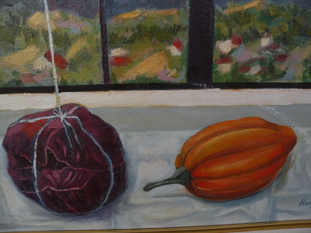 Signed painting contemporary still life in a landscape Signed painting contemporary still life in a landscape