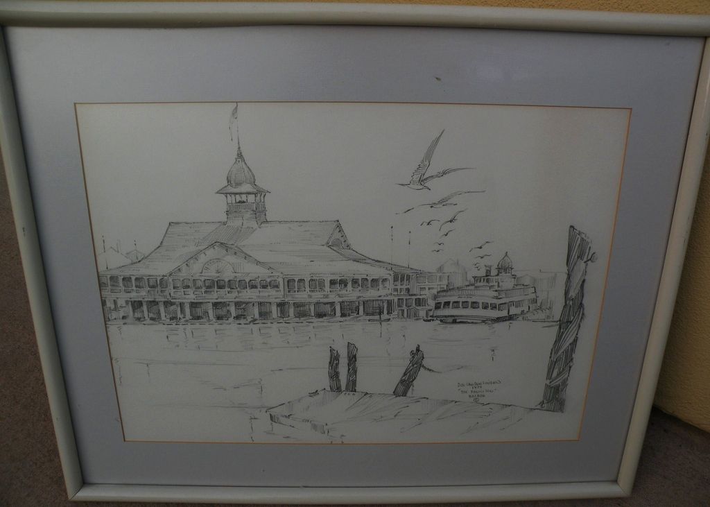 California art original 1974 signed pencil drawing of the Pavilion and ferry in Newport Beach California California art original 1974 signed pencil drawing of the Pavilion and ferry in Newport Beach California