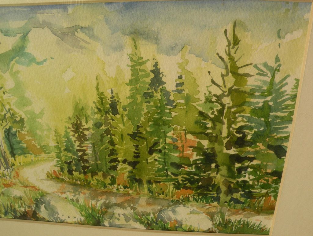 Impressionist watercolor landscape painting of trees and distant mountains Impressionist watercolor landscape painting of trees and distant mountains