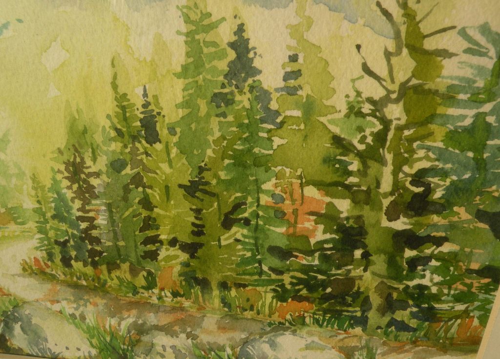 Impressionist watercolor landscape painting of trees and distant mountains Impressionist watercolor landscape painting of trees and distant mountains