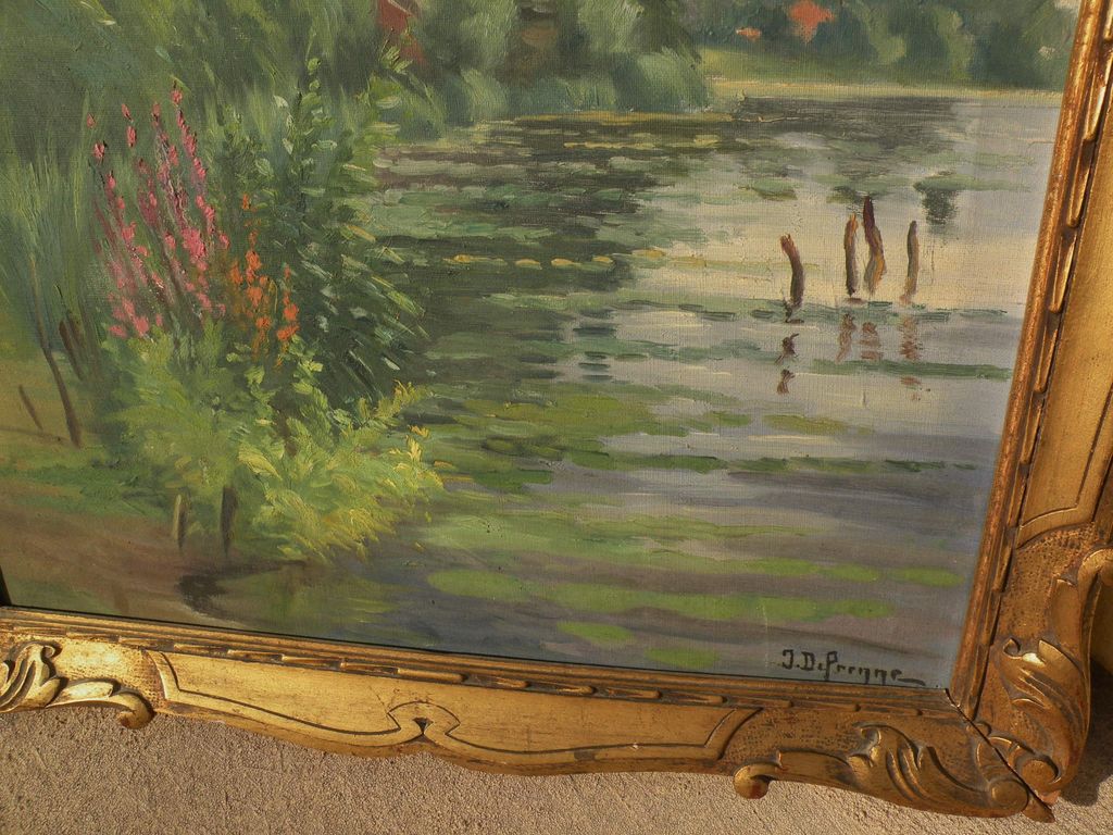 Vintage French impressionist signed painting of a home overlooking a pond signed and nicely framed Vintage French impressionist signed painting of a home overlooking a pond signed and nicely framed