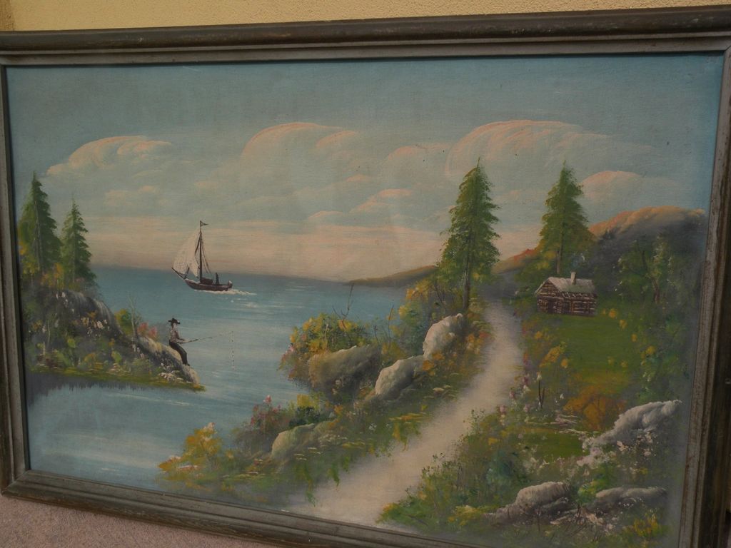 American folk art 20th century naive landscape painting with fisherman, cabin and boat American folk art 20th century naive landscape painting with fisherman, cabin and boat