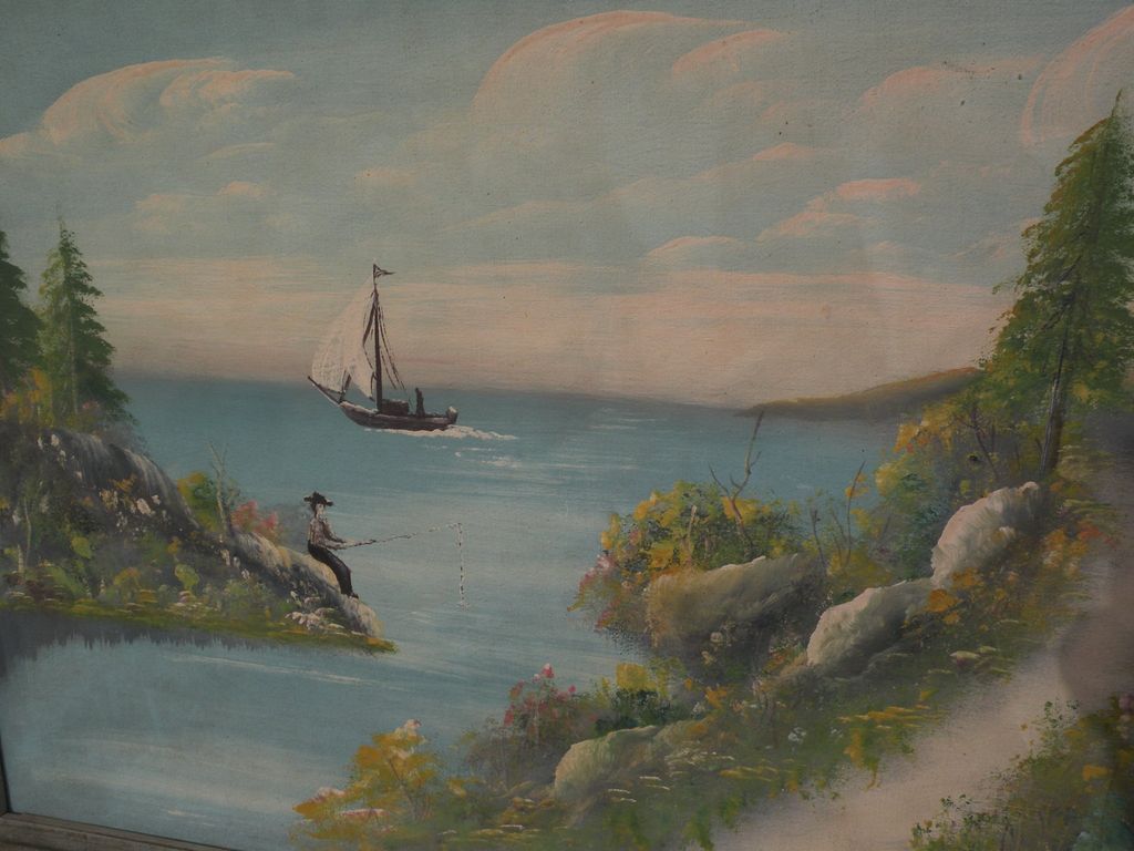 American folk art 20th century naive landscape painting with fisherman, cabin and boat American folk art 20th century naive landscape painting with fisherman, cabin and boat