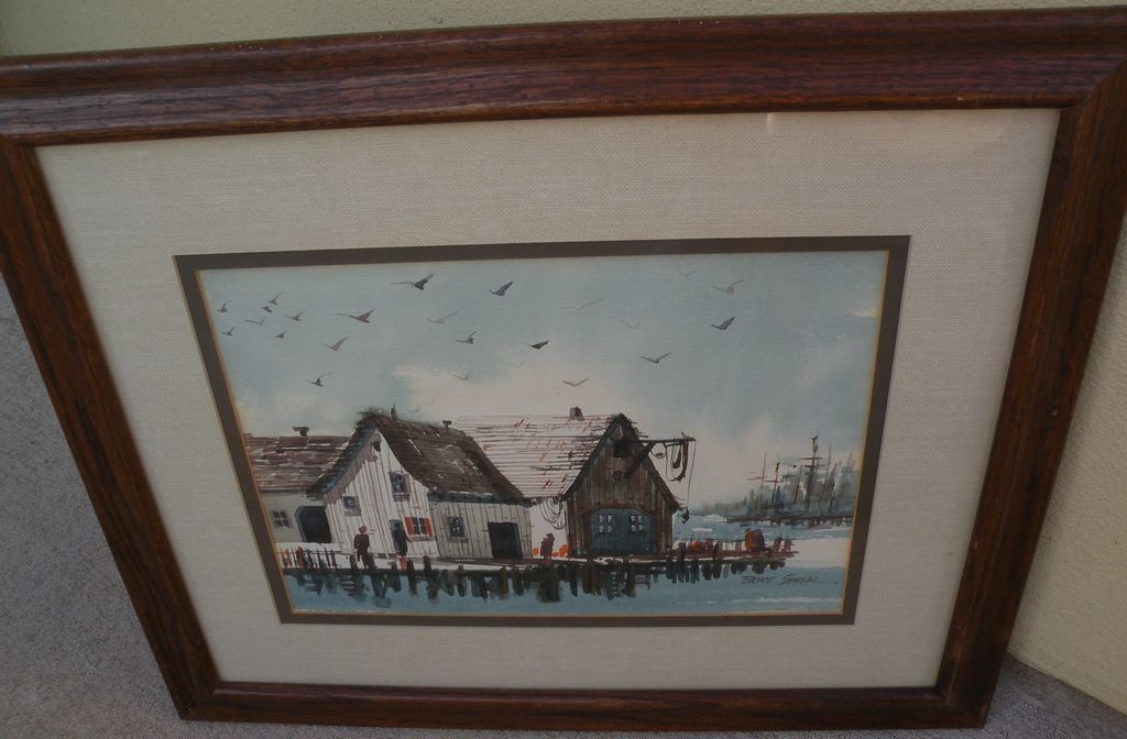 BRUCE SPICER watercolor painting of dockside buildings in a fishing port BRUCE SPICER watercolor painting of dockside buildings in a fishing port