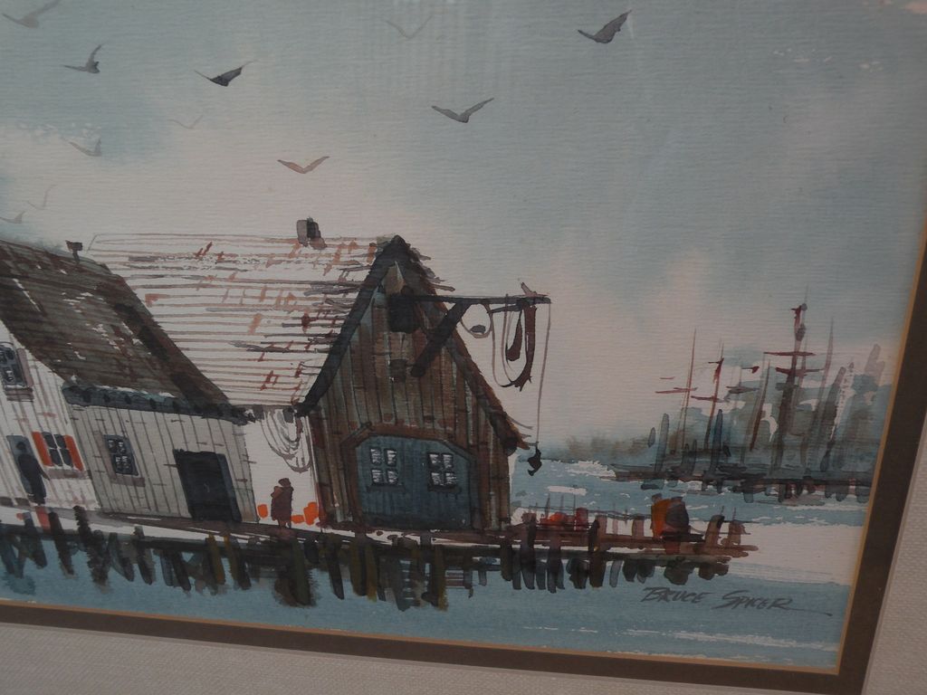 BRUCE SPICER watercolor painting of dockside buildings in a fishing port BRUCE SPICER watercolor painting of dockside buildings in a fishing port