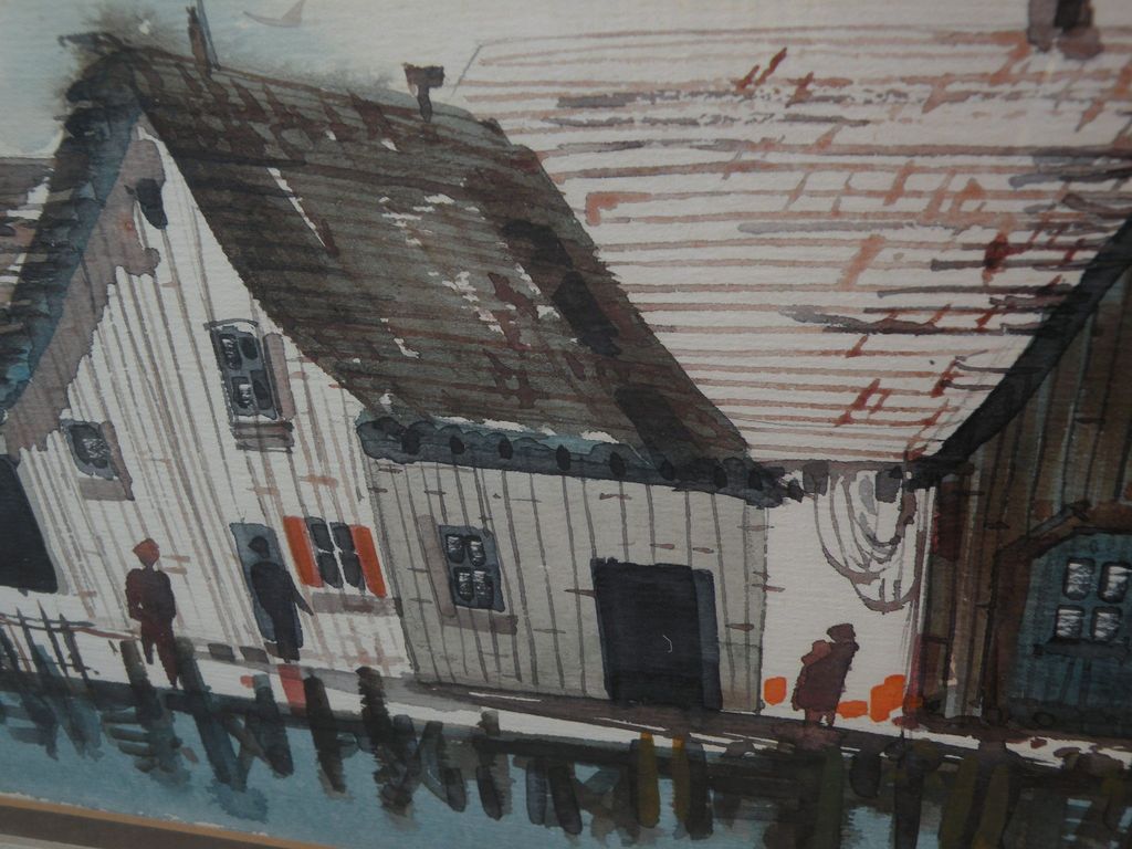 BRUCE SPICER watercolor painting of dockside buildings in a fishing port BRUCE SPICER watercolor painting of dockside buildings in a fishing port