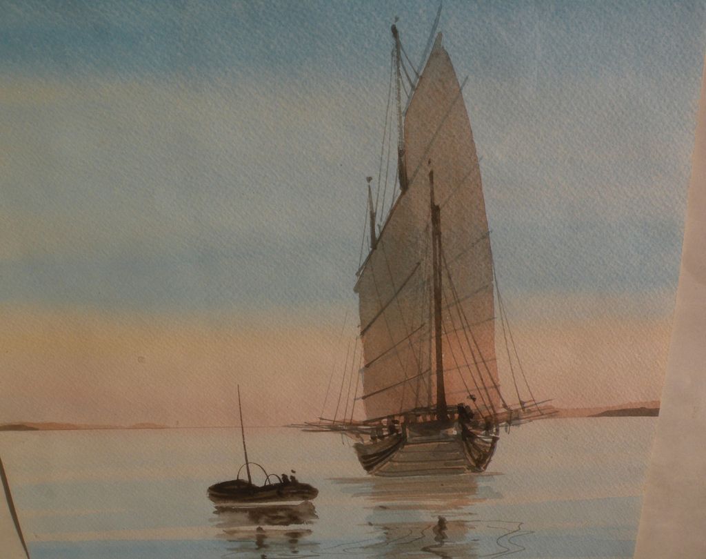 Contemporary Asian signed watercolor of a Chinese junk reflected in calm estuary waters Contemporary Asian signed watercolor of a Chinese junk reflected in calm estuary waters