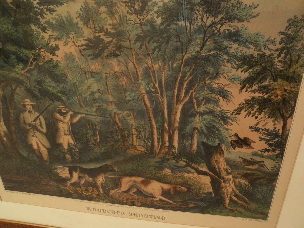 Currier and Ives large folio hand colored lithograph print "Woodcock Shooting" 1852, condition issues Currier and Ives large folio hand colored lithograph print "Woodcock Shooting" 1852, condition issues