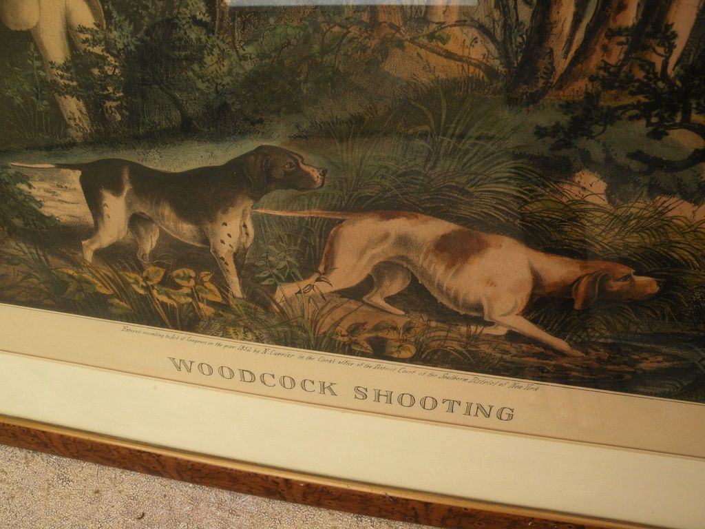Currier and Ives large folio hand colored lithograph print "Woodcock Shooting" 1852, condition issues Currier and Ives large folio hand colored lithograph print "Woodcock Shooting" 1852, condition issues