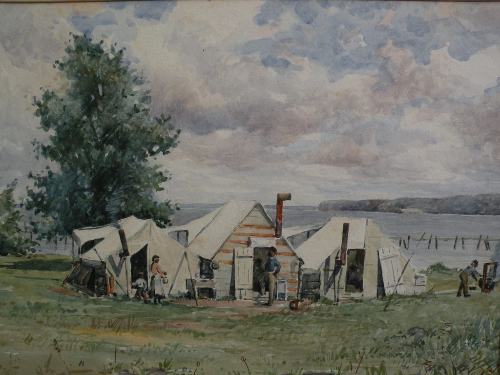 Unusual 19th century American watercolor of a coastal camp with African-American figures Unusual 19th century American watercolor of a coastal camp with African-American figures