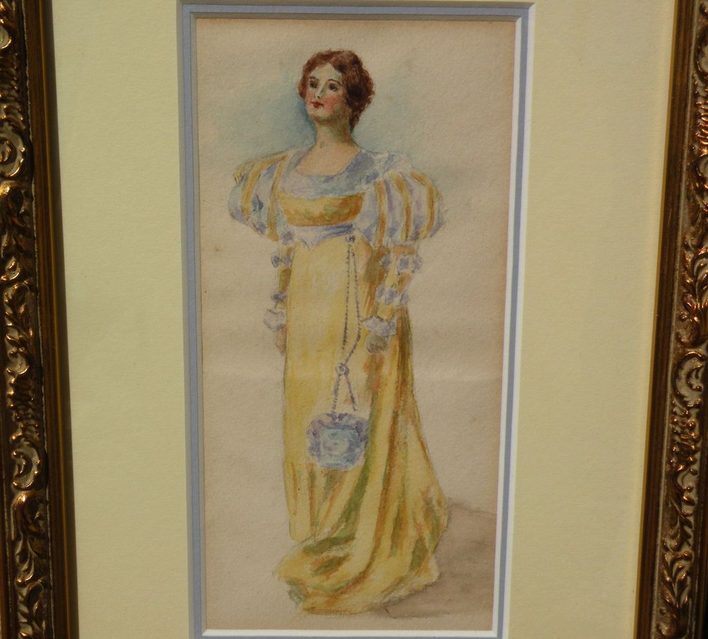 Antique watercolor painting of a woman in 19th century clothing Antique watercolor painting of a woman in 19th century clothing