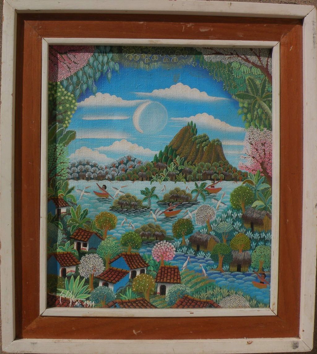 Colorful Nicaraguan primitive style painting of Laguna Masaya landscape Colorful Nicaraguan primitive style painting of Laguna Masaya landscape