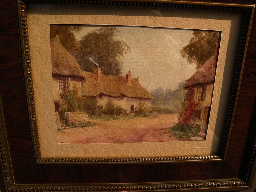 English vintage watercolor painting of thatched roof cottages by from
