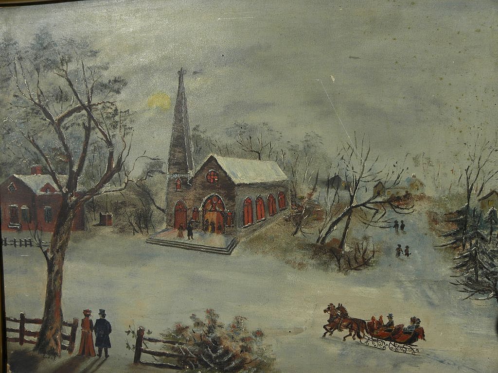 Folk art Americana primitive painting of a winter scene with horse from
