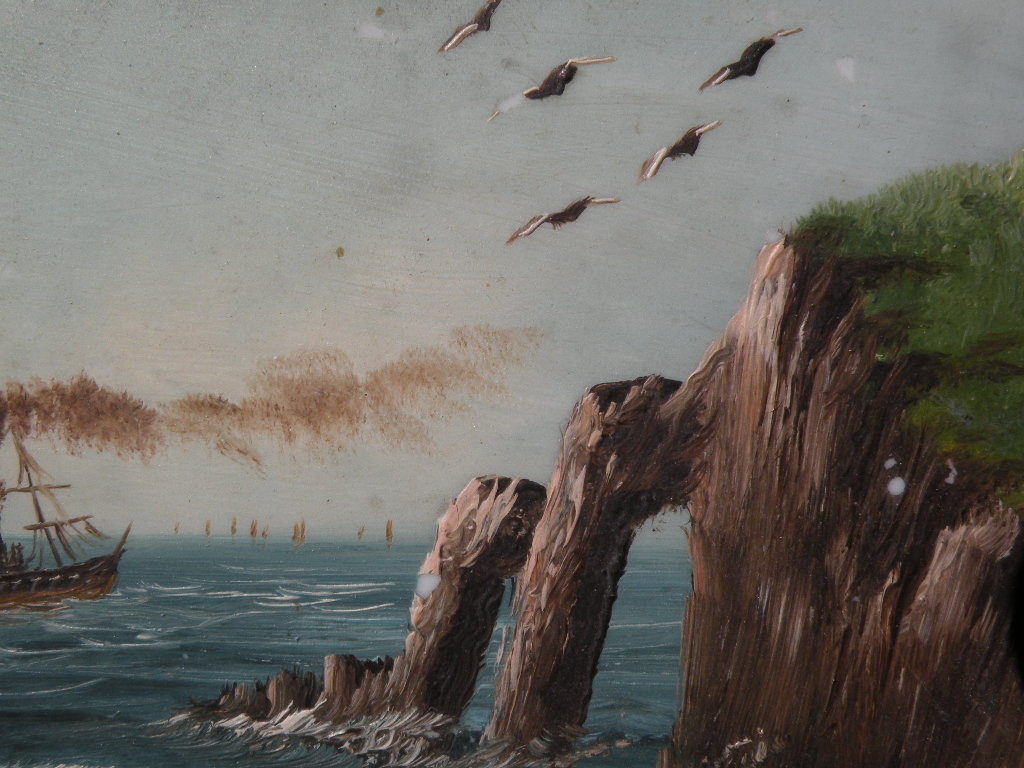 American marine art oil on glass painting of steam ship by cliffs American marine art oil on glass painting of steam ship by cliffs