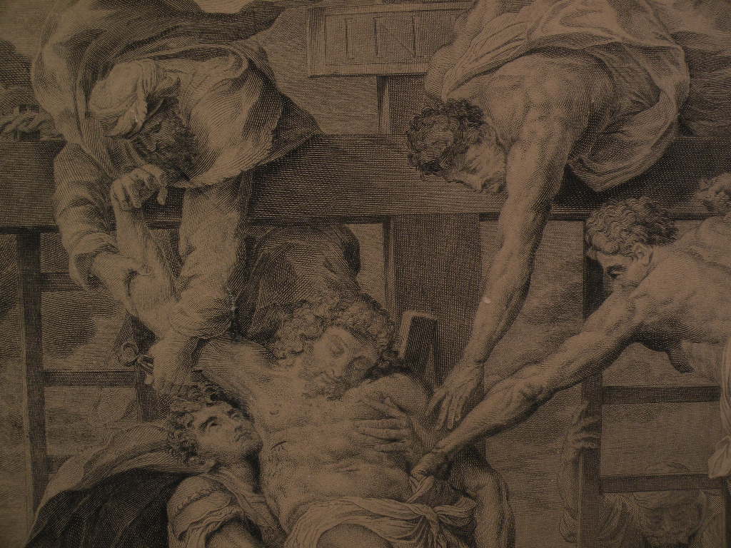 Old master 18th century print large classical scene detailed 1720 copper engraving Descent From the Cross Old master 18th century print large classical scene detailed 1720 copper engraving Descent From the Cross