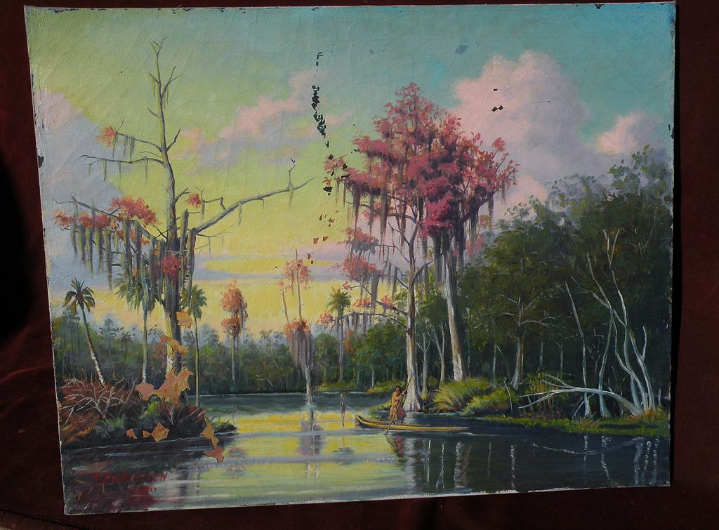Florida art painting of Seminole indian paddling in swamp signed and dated Florida art painting of Seminole indian paddling in swamp signed and dated