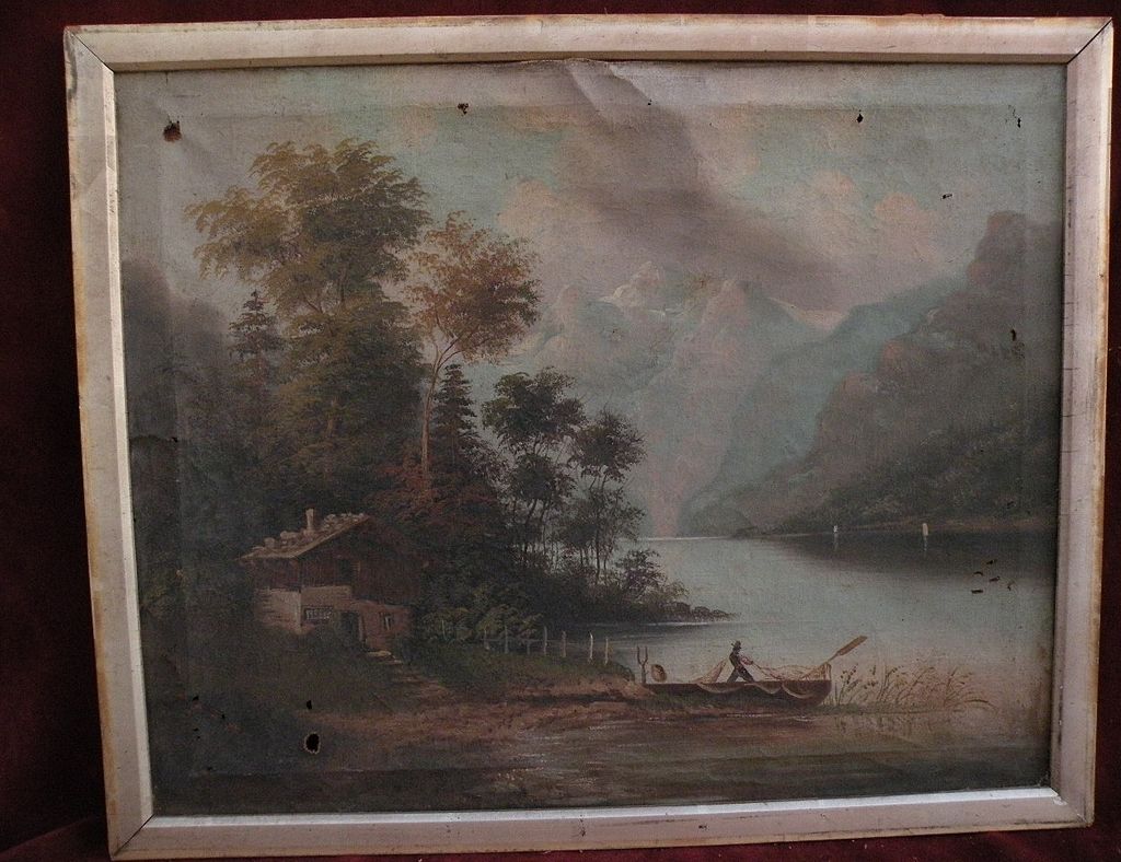 19th century European art mountains and lake landscape painting likely German or alpine 19th century European art mountains and lake landscape painting likely German or alpine