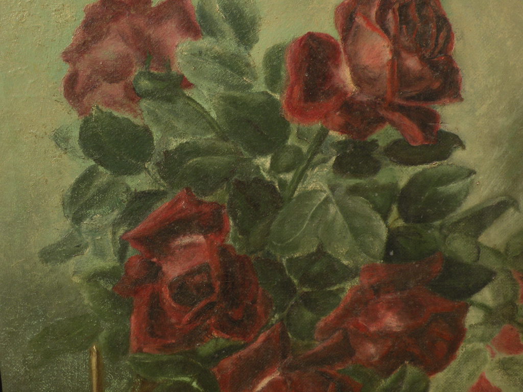 Roses still life floral oil painting circa 1900 signed Myrtle Crittenden very "shabby" Roses still life floral oil painting circa 1900 signed Myrtle Crittenden very "shabby"