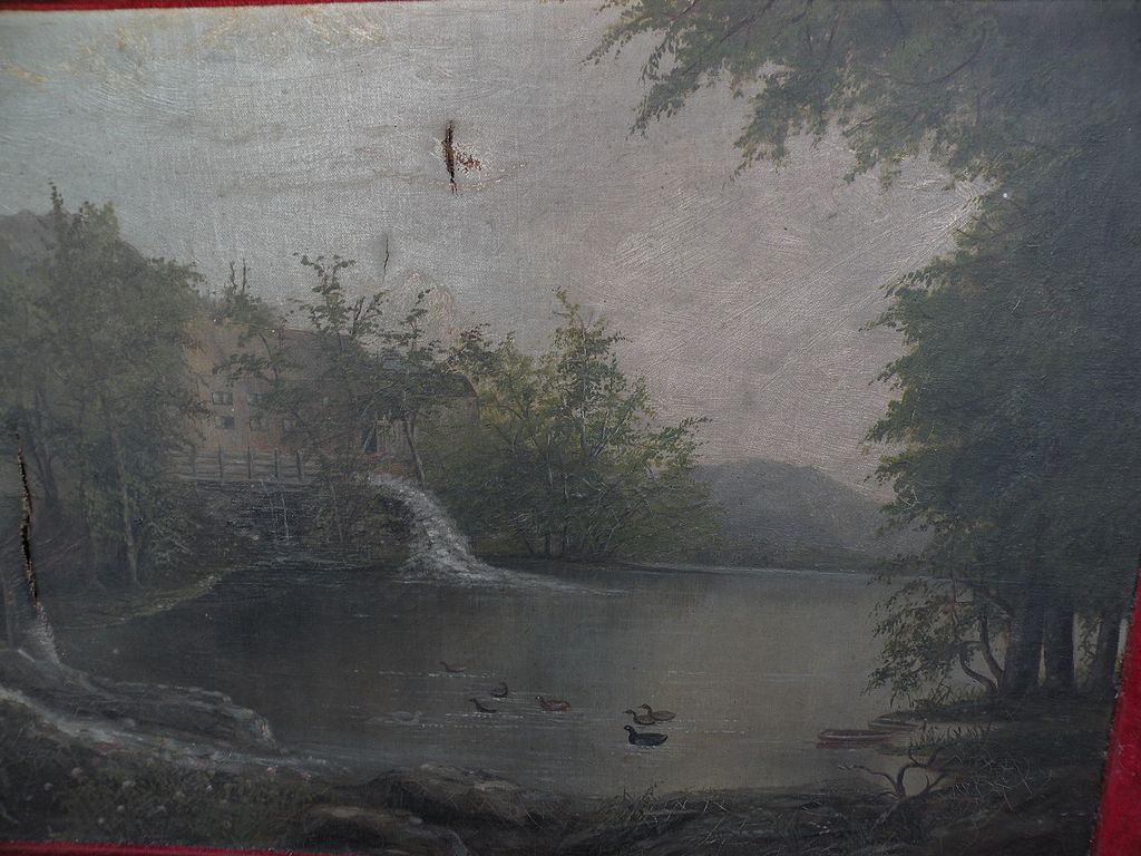 Hudson River style circa 1880 primitive American landscape painting original gilt frame Hudson River style circa 1880 primitive American landscape painting original gilt frame