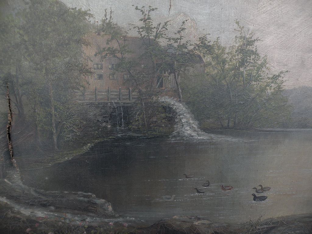 Hudson River style circa 1880 primitive American landscape painting original gilt frame Hudson River style circa 1880 primitive American landscape painting original gilt frame