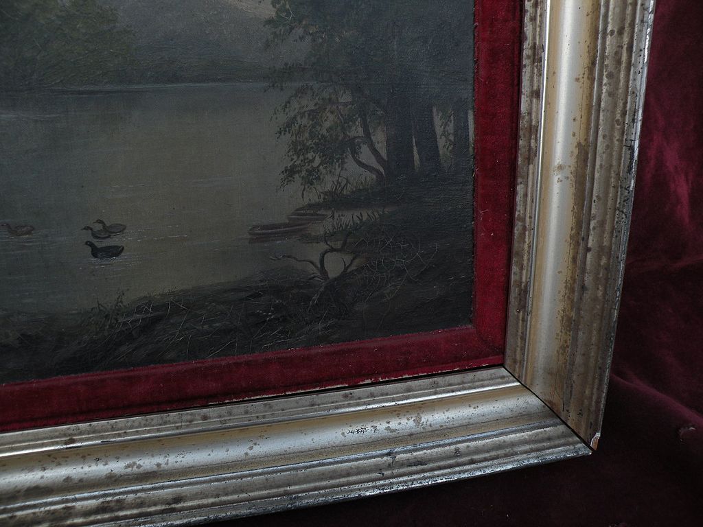 Hudson River style circa 1880 primitive American landscape painting original gilt frame Hudson River style circa 1880 primitive American landscape painting original gilt frame