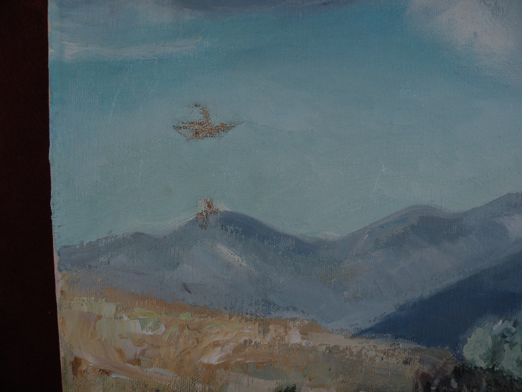 CLAUDINE MORROW (1931-) contemporary western American art rural mountain landscape painting with river and horses CLAUDINE MORROW (1931-) contemporary western American art rural mountain landscape painting with river and horses
