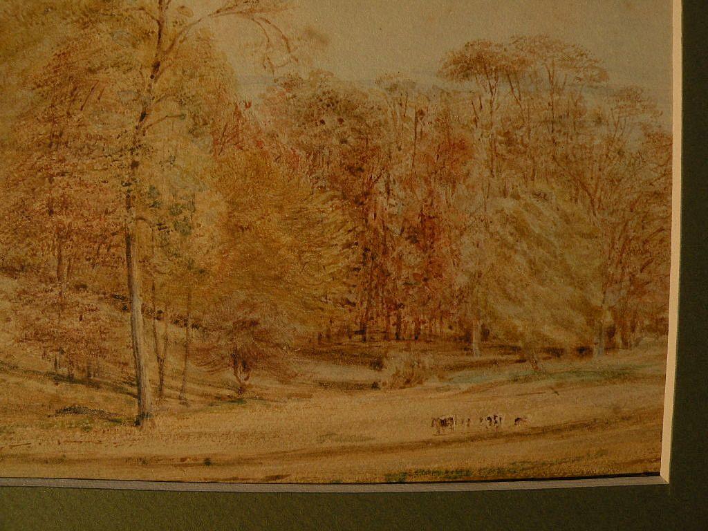 English pastoral signed 1830 watercolor cattle and trees in a rural landscape English pastoral signed 1830 watercolor cattle and trees in a rural landscape
