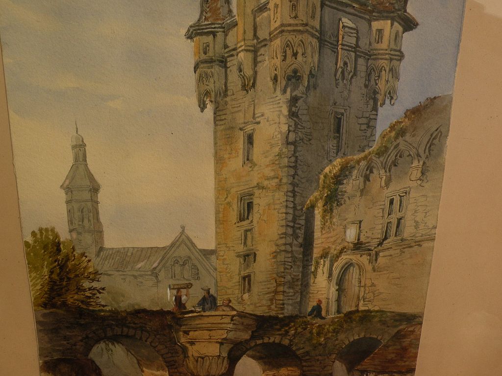 Circa 1840 European watercolor painting of bridge, ruins and tower in Old World city probably French Circa 1840 European watercolor painting of bridge, ruins and tower in Old World city probably French