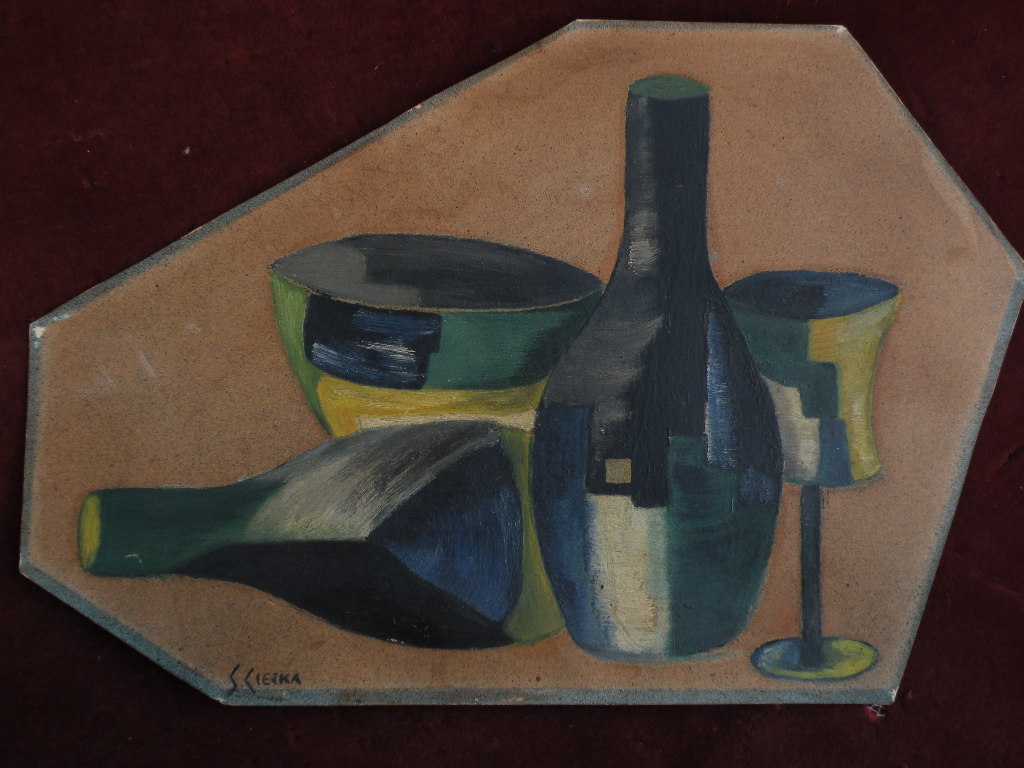 Cubist tabletop still life art signed by possibly Polish artist circa 1940 Cubist tabletop still life art signed by possibly Polish artist circa 1940