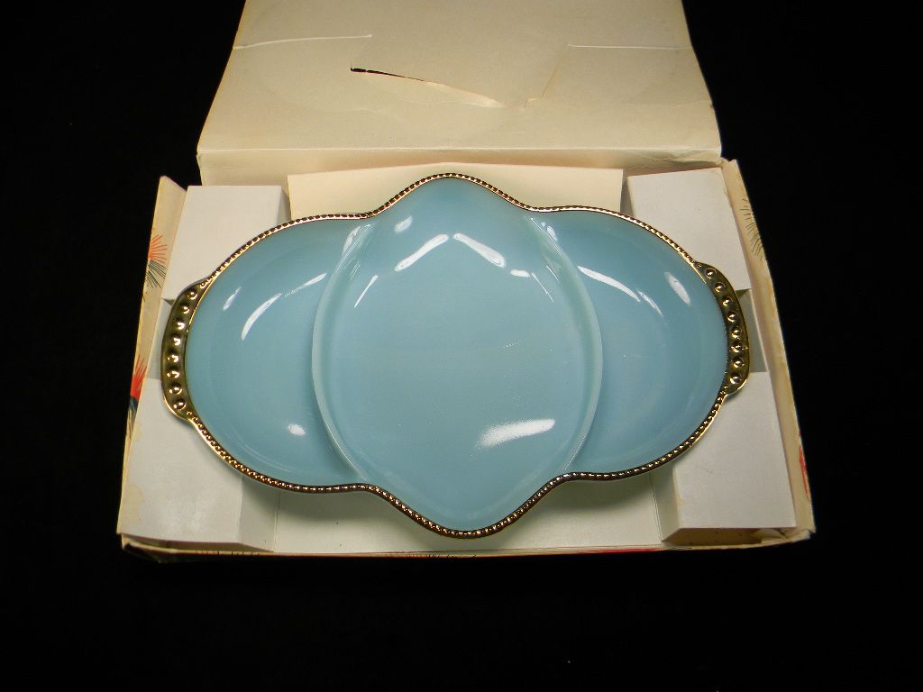 Vintage Fire King Turquoise Divided Relish Dish in Original Box Vintage Fire King Turquoise Divided Relish Dish in Original Box