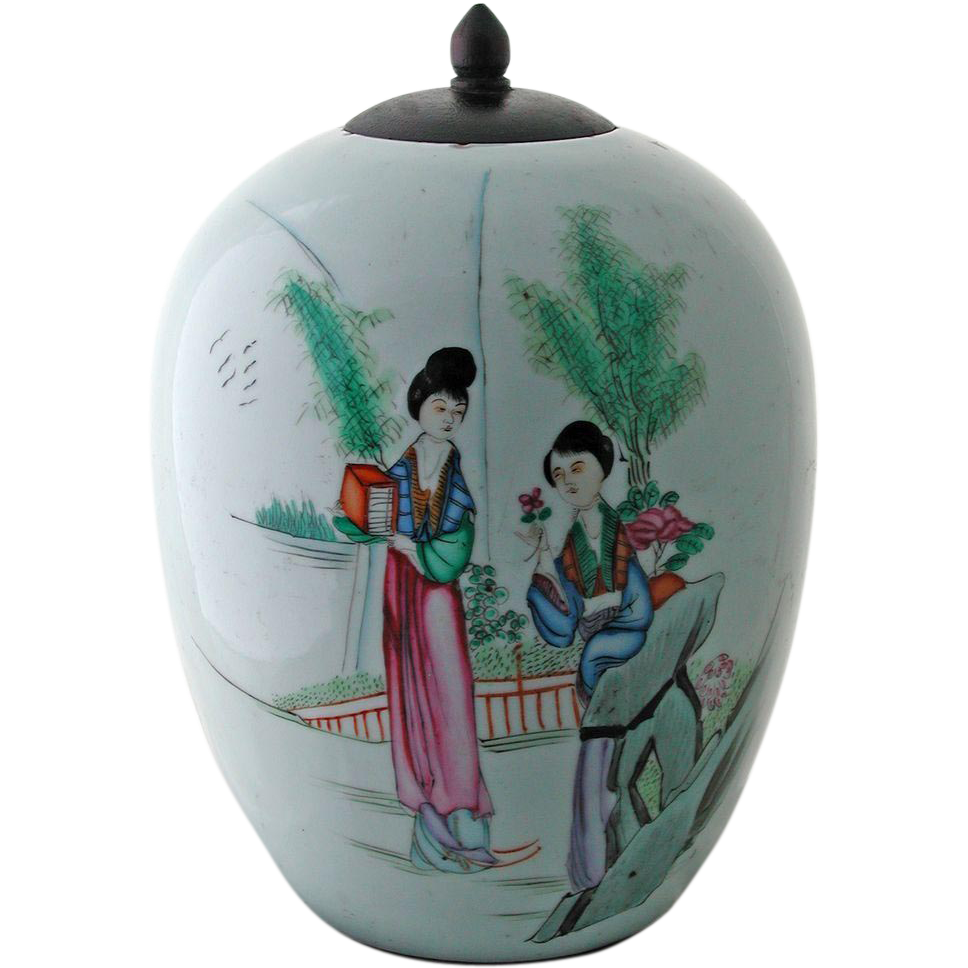Vintage Chinese Porcelain Melon Jar Vase with Wooden Lid from jelitaarts on Ruby Lane