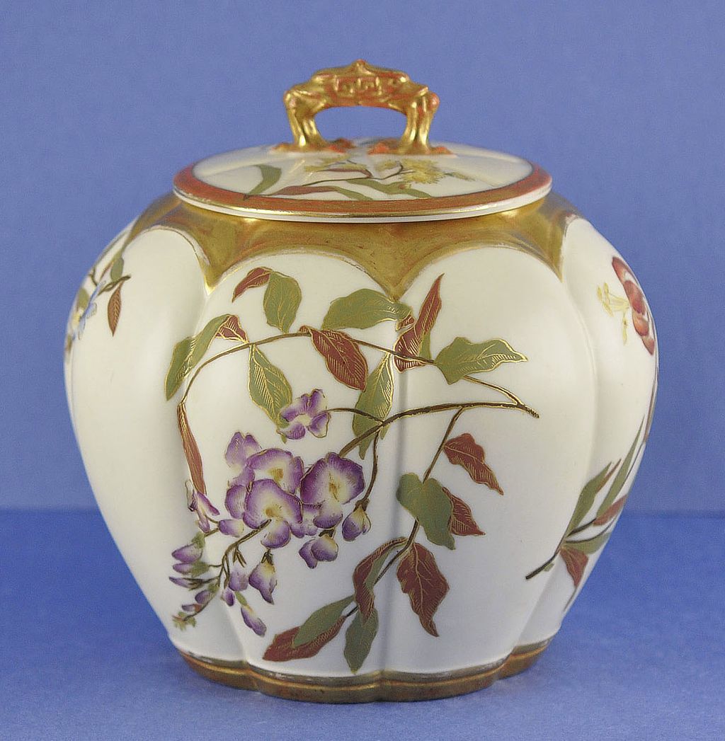 Gorgeous, Circa 1890, English, Melon Shaped, Porcelain, Royal Worcester Biscuit Barrel / Jar Gorgeous, Circa 1890, English, Melon Shaped, Porcelain, Royal Worcester Biscuit Barrel / Jar