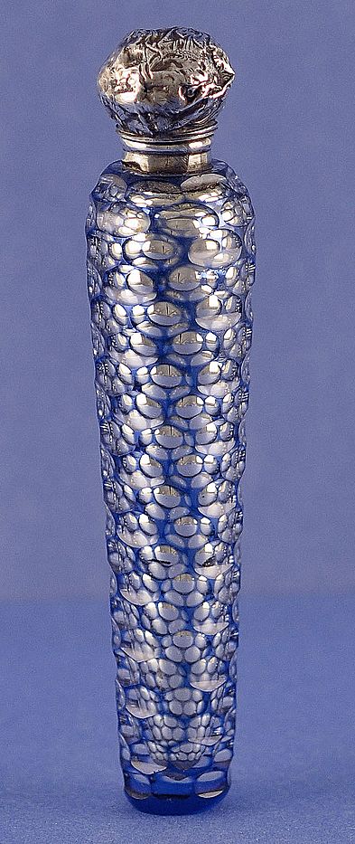 Shimmering! Circa 1880, Electric Blue Cut to Clear Overlay, Mercury Glass Perfume / Scent Bottle with Sterling Silver, Repousse, Hinged Lid Shimmering! Circa 1880, Electric Blue Cut to Clear Overlay, Mercury Glass Perfume / Scent Bottle with Sterling Silver, Repousse, Hinged Lid